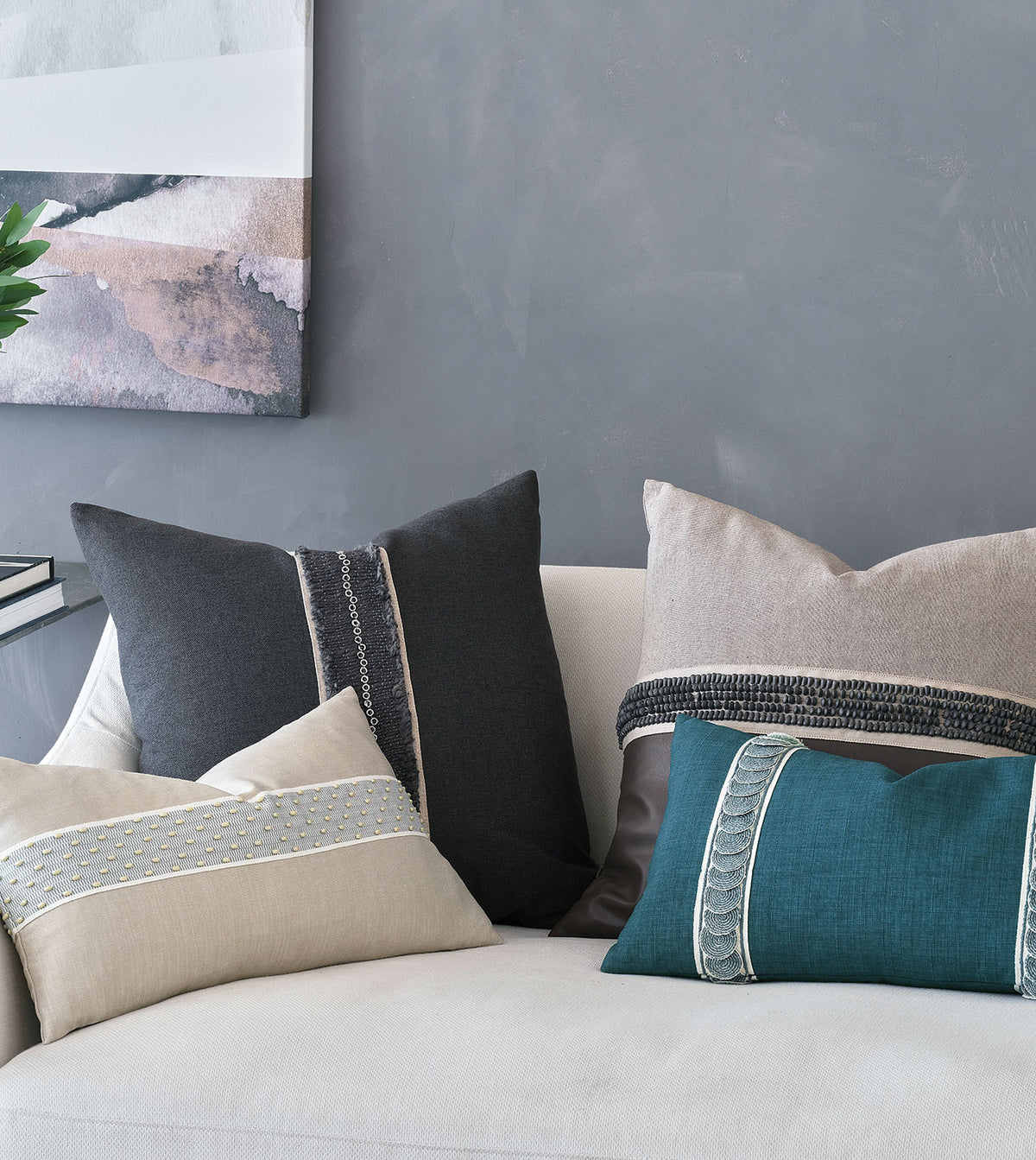 Sheldon Beaded Border Decorative Pillow in Granite